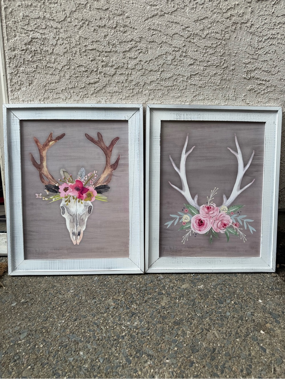 Floral Antler Skull Wall Art Set - Pink & White Floral Accents